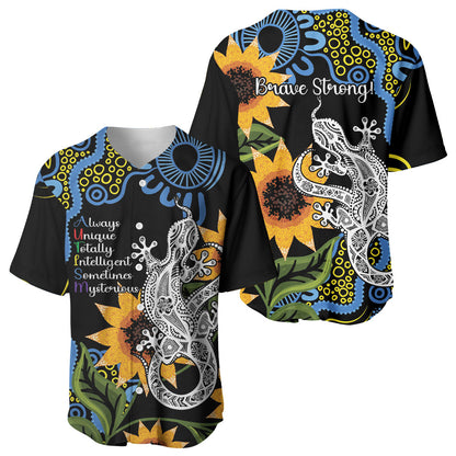 Australia Autism Support Baseball Jersey Brave Strong Aussie Lizard Aboriginal Art