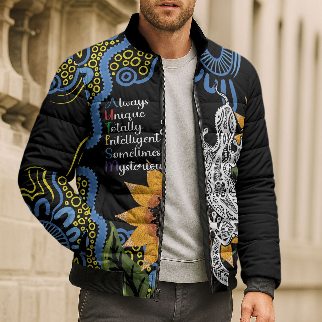 Australia Autism Support Bomber Puffer Jacket Brave Strong Aussie Lizard Aboriginal Art