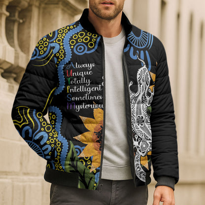 Australia Autism Support Bomber Puffer Jacket Brave Strong Aussie Lizard Aboriginal Art