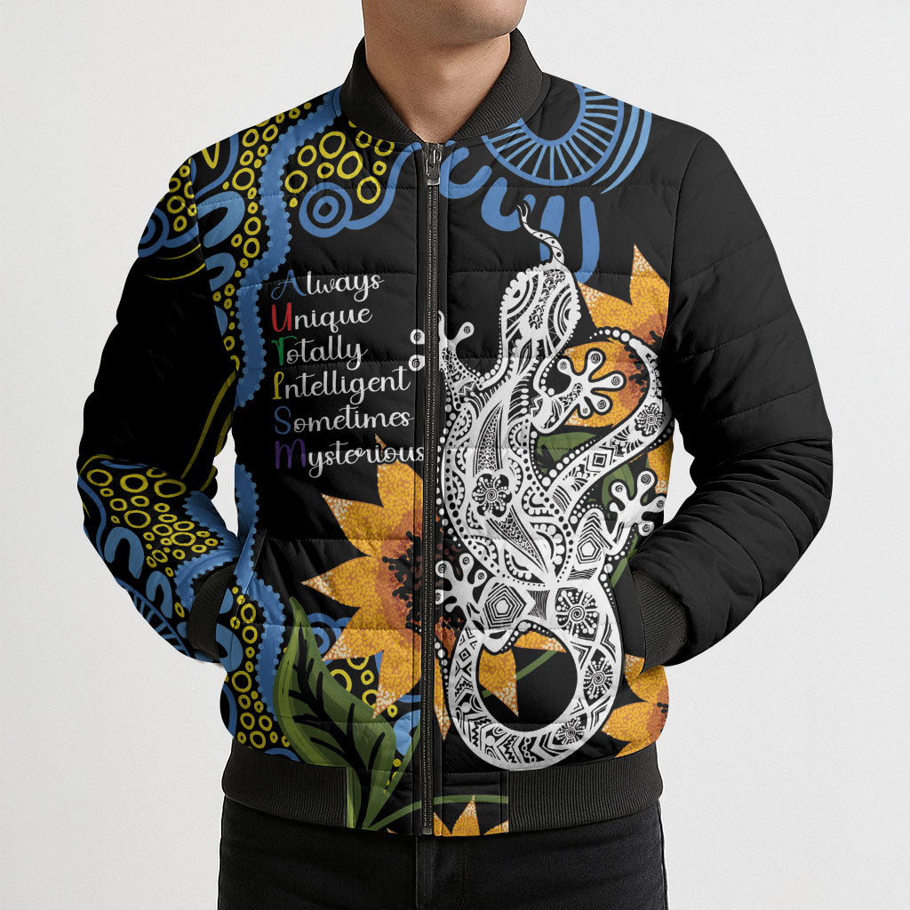 Australia Autism Support Bomber Puffer Jacket Brave Strong Aussie Lizard Aboriginal Art