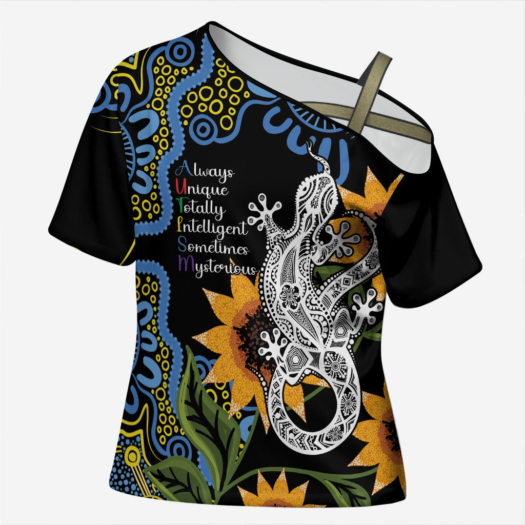 Australia Autism Support Cross Shoulder Shirt Brave Strong Aussie Lizard Aboriginal Art