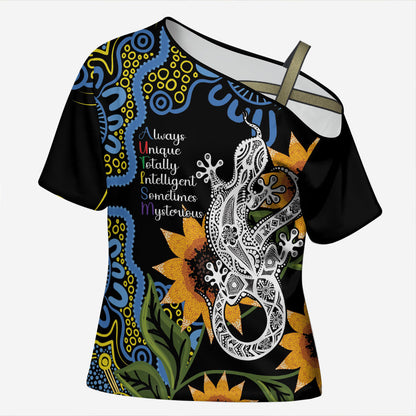 Australia Autism Support Cross Shoulder Shirt Brave Strong Aussie Lizard Aboriginal Art