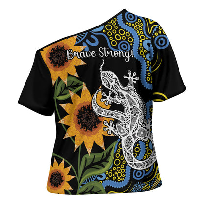 Australia Autism Support Cross Shoulder Shirt Brave Strong Aussie Lizard Aboriginal Art