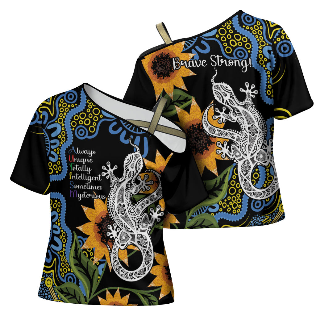 Australia Autism Support Cross Shoulder Shirt Brave Strong Aussie Lizard Aboriginal Art