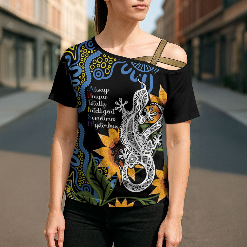 Australia Autism Support Cross Shoulder Shirt Brave Strong Aussie Lizard Aboriginal Art