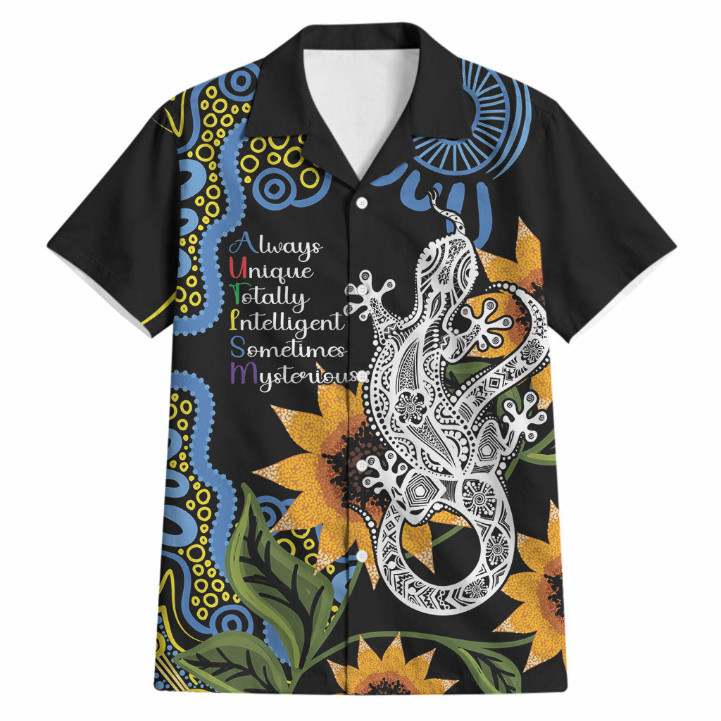Australia Autism Support Hawaiian Shirt Brave Strong Aussie Lizard Aboriginal Art