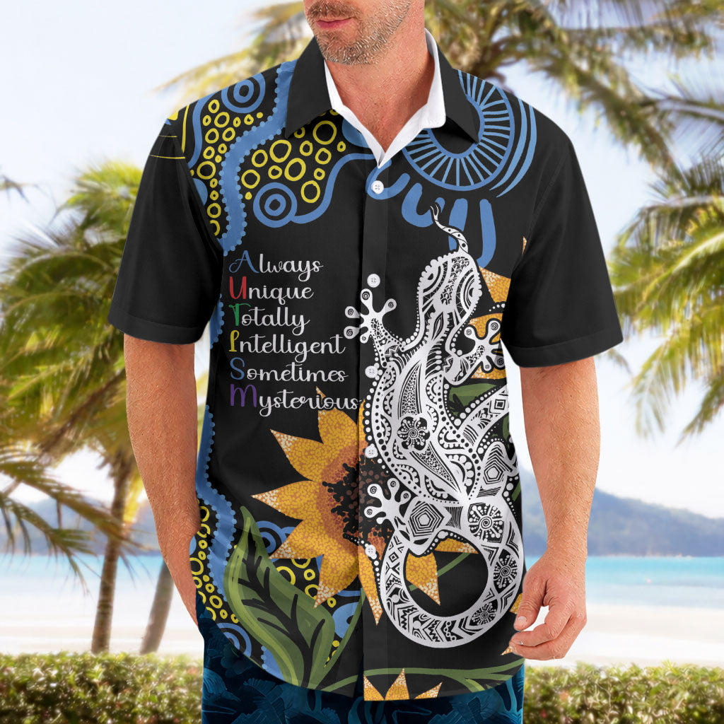 Australia Autism Support Hawaiian Shirt Brave Strong Aussie Lizard Aboriginal Art