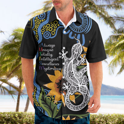 Australia Autism Support Hawaiian Shirt Brave Strong Aussie Lizard Aboriginal Art