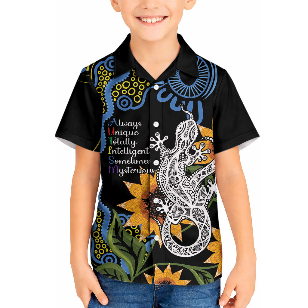 Australia Autism Support Hawaiian Shirt Brave Strong Aussie Lizard Aboriginal Art