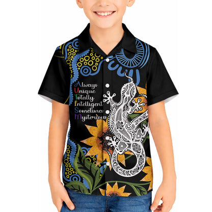 Australia Autism Support Hawaiian Shirt Brave Strong Aussie Lizard Aboriginal Art