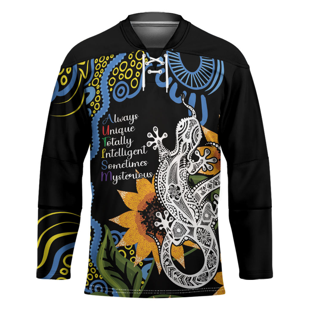 Australia Autism Support Hockey Jersey Brave Strong Aussie Lizard Aboriginal Art