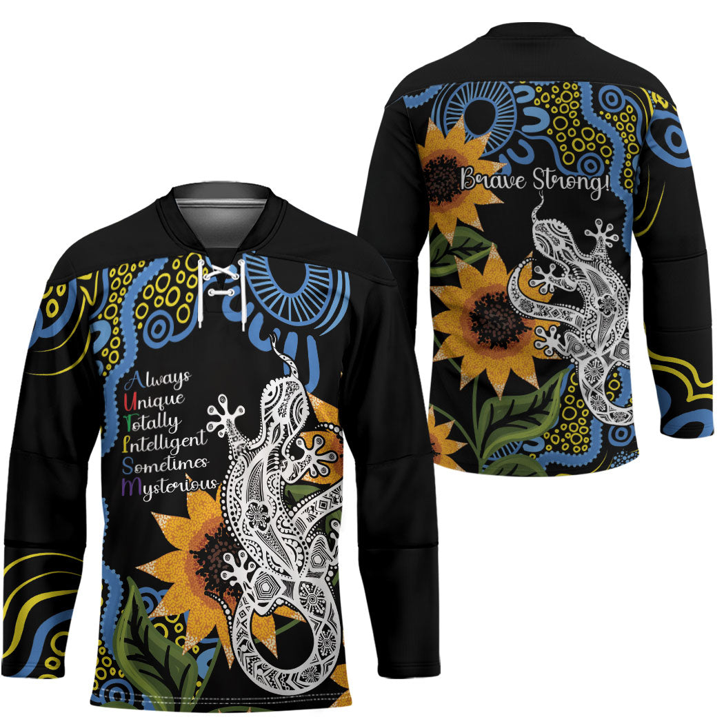 Australia Autism Support Hockey Jersey Brave Strong Aussie Lizard Aboriginal Art