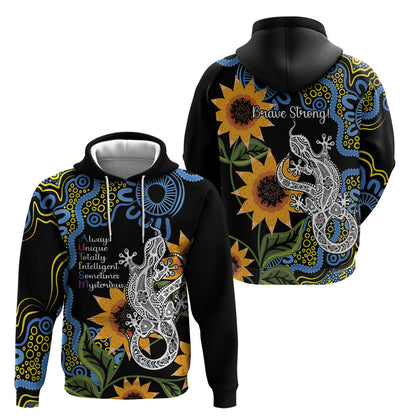 Australia Autism Support Hoodie Brave Strong Aussie Lizard Aboriginal Art