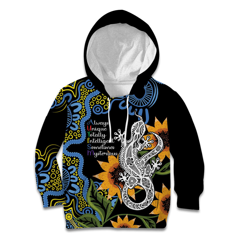 Australia Autism Support Kid Hoodie Brave Strong Aussie Lizard Aboriginal Art