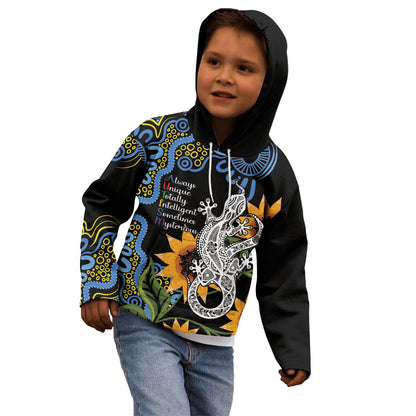 Australia Autism Support Kid Hoodie Brave Strong Aussie Lizard Aboriginal Art