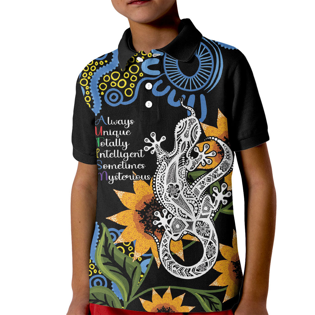 Australia Autism Support Kid Polo Shirt Brave Strong Aussie Lizard Aboriginal Art
