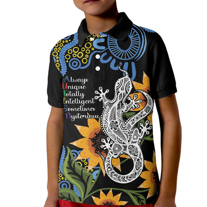 Australia Autism Support Kid Polo Shirt Brave Strong Aussie Lizard Aboriginal Art