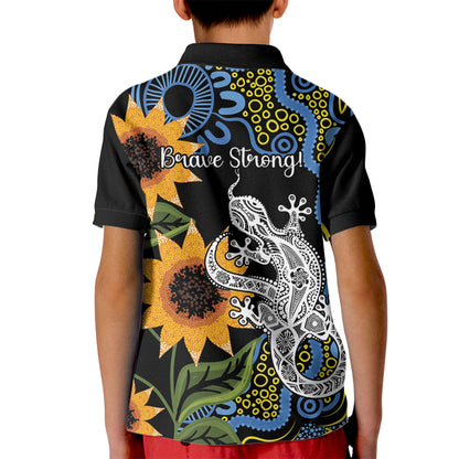 Australia Autism Support Kid Polo Shirt Brave Strong Aussie Lizard Aboriginal Art