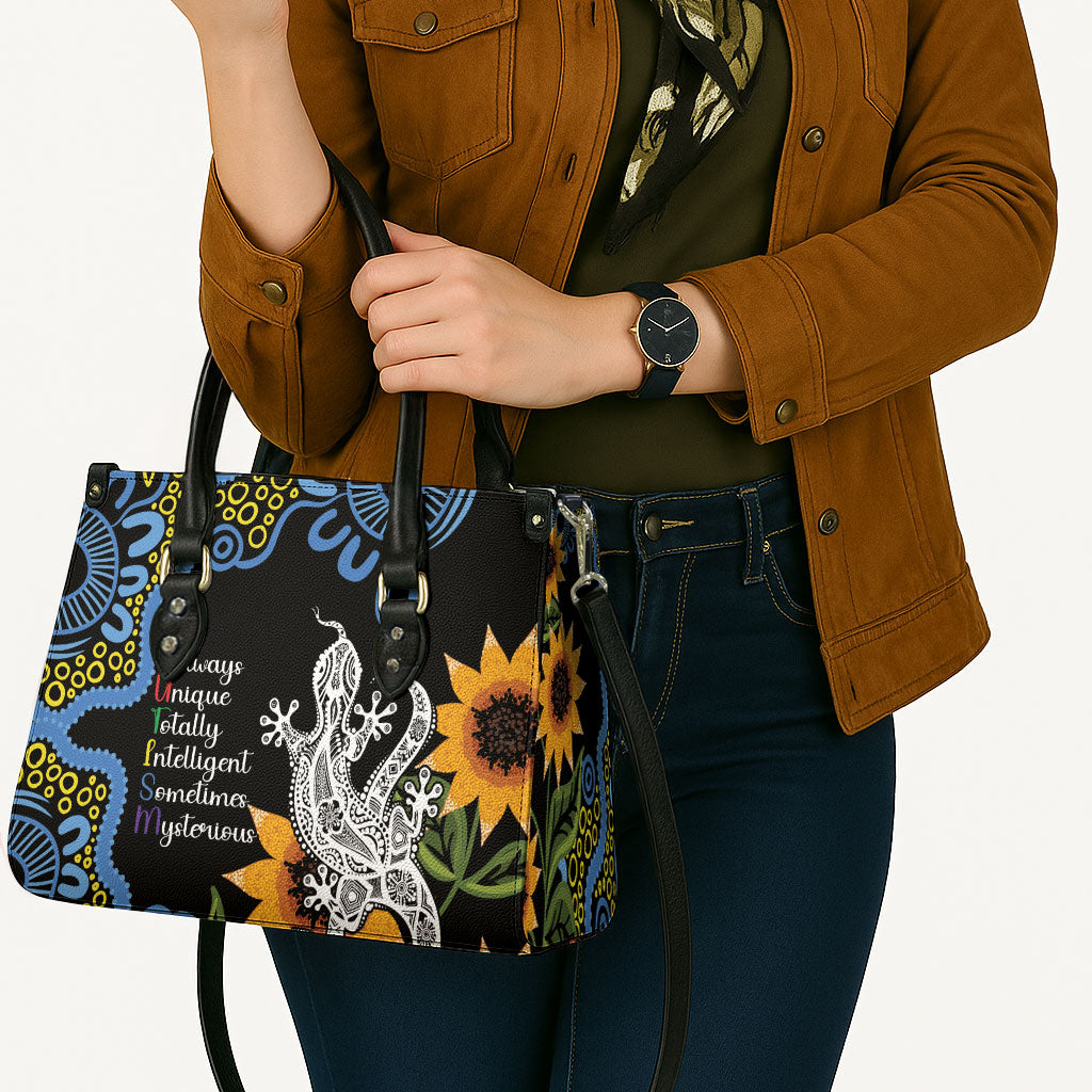 Australia Autism Support Leather Bag Brave Strong Aussie Lizard Aboriginal Art