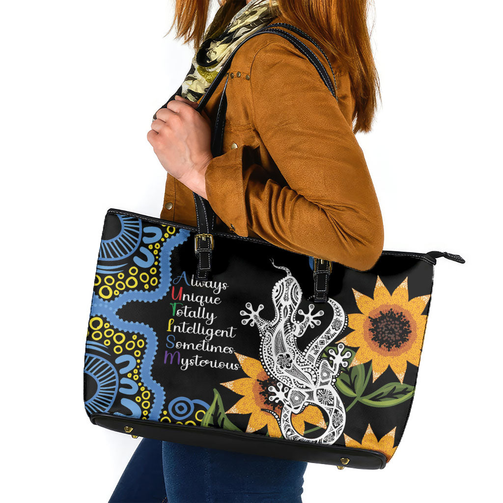 Australia Autism Support Leather Tote Bag Brave Strong Aussie Lizard Aboriginal Art