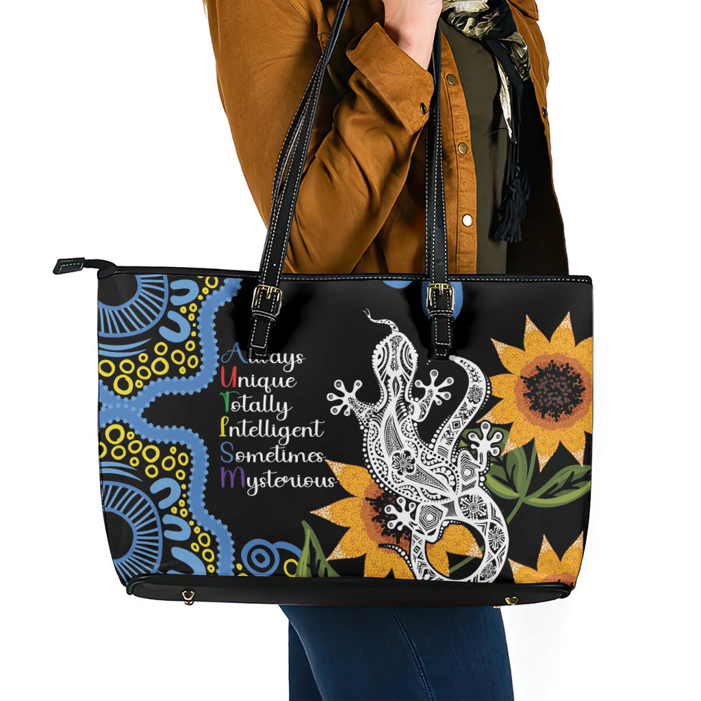 Australia Autism Support Leather Tote Bag Brave Strong Aussie Lizard Aboriginal Art