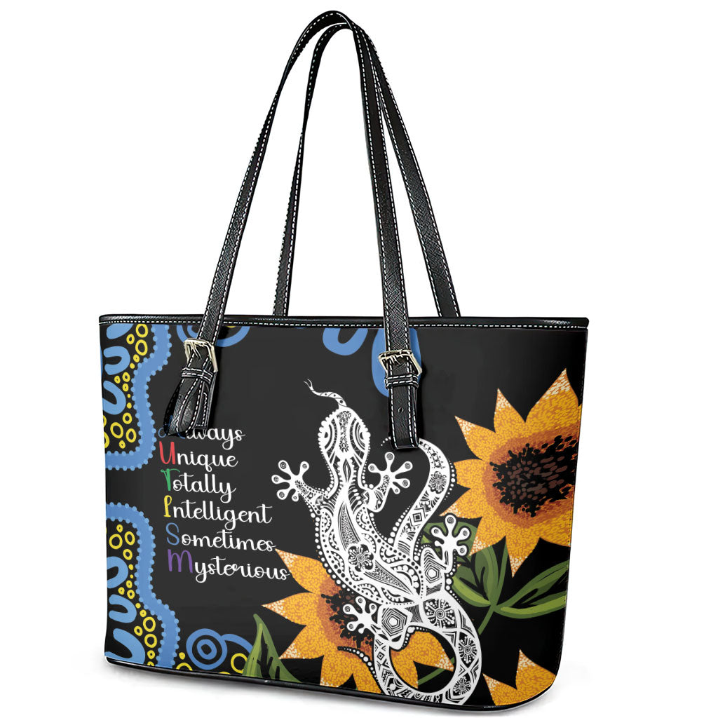 Australia Autism Support Leather Tote Bag Brave Strong Aussie Lizard Aboriginal Art