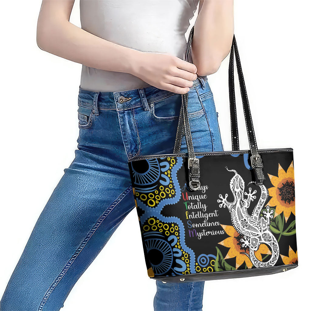 Australia Autism Support Leather Tote Bag Brave Strong Aussie Lizard Aboriginal Art