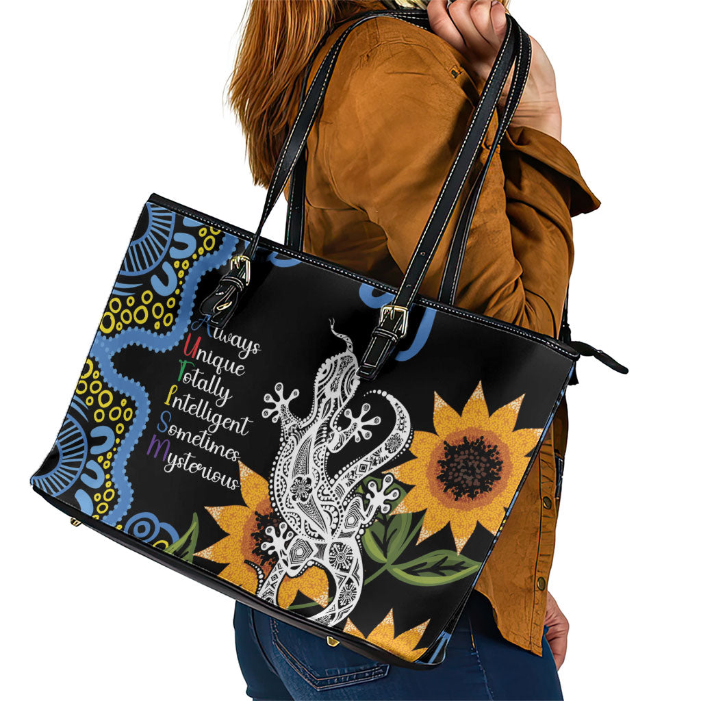 Australia Autism Support Leather Tote Bag Brave Strong Aussie Lizard Aboriginal Art