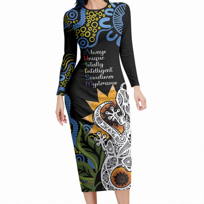 Australia Autism Support Long Sleeve Bodycon Dress Brave Strong Aussie Lizard Aboriginal Art