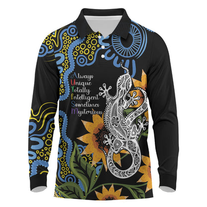 Australia Autism Support Long Sleeve Polo Shirt Brave Strong Aussie Lizard Aboriginal Art