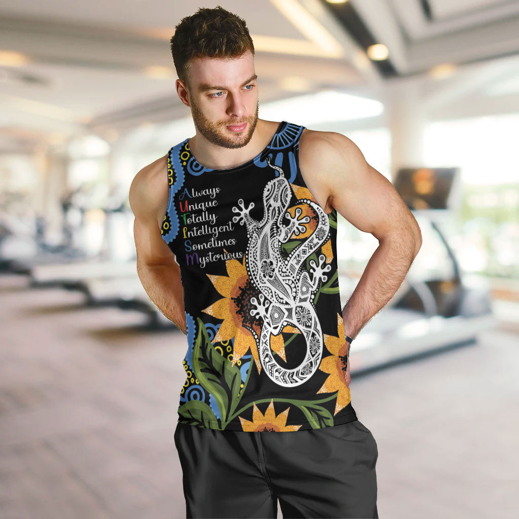 Australia Autism Support Men Tank Top Brave Strong Aussie Lizard Aboriginal Art