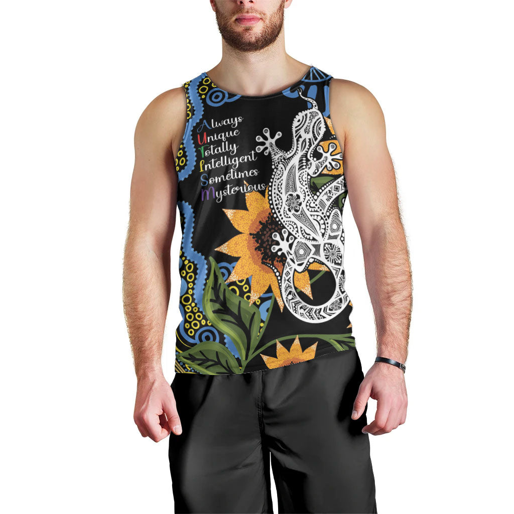 Australia Autism Support Men Tank Top Brave Strong Aussie Lizard Aboriginal Art