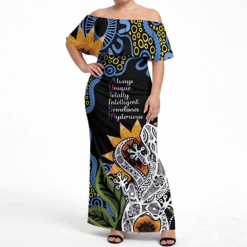 Australia Autism Support Off Shoulder Maxi Dress Brave Strong Aussie Lizard Aboriginal Art