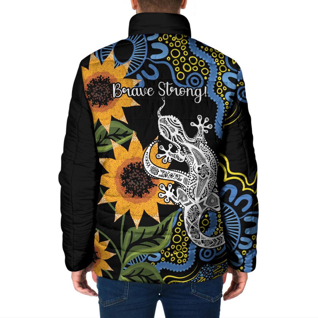 Australia Autism Support Padded Jacket Brave Strong Aussie Lizard Aboriginal Art