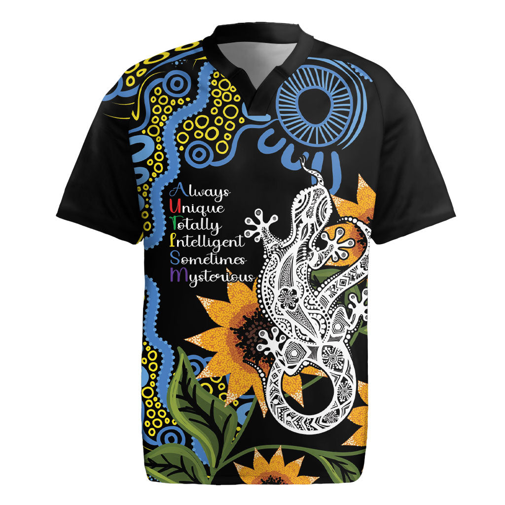 Australia Autism Support Rugby Jersey Brave Strong Aussie Lizard Aboriginal Art
