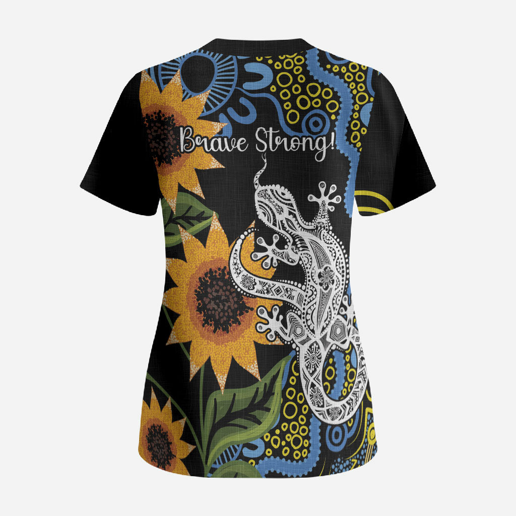 Australia Autism Support Scrub Top Brave Strong Aussie Lizard Aboriginal Art