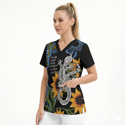 Australia Autism Support Scrub Top Brave Strong Aussie Lizard Aboriginal Art