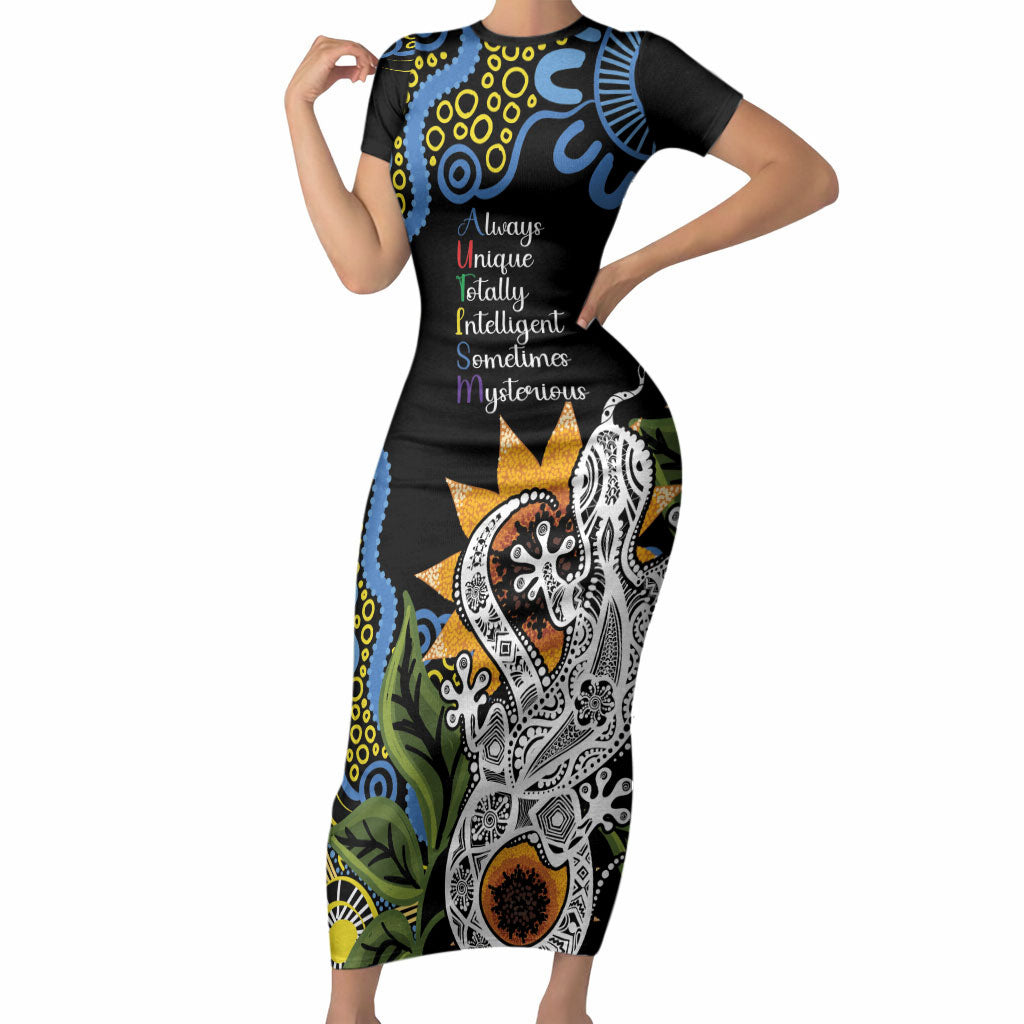 Australia Autism Support Short Sleeve Bodycon Dress Brave Strong Aussie Lizard Aboriginal Art