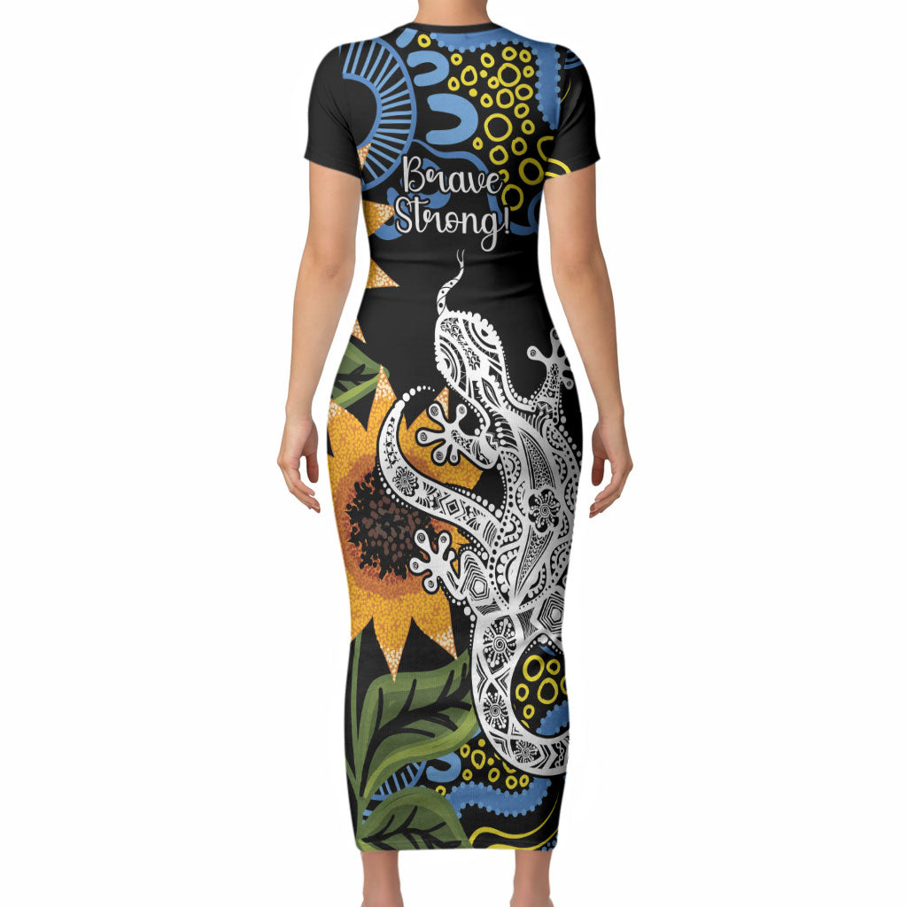 Australia Autism Support Short Sleeve Bodycon Dress Brave Strong Aussie Lizard Aboriginal Art