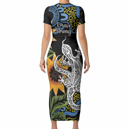 Australia Autism Support Short Sleeve Bodycon Dress Brave Strong Aussie Lizard Aboriginal Art
