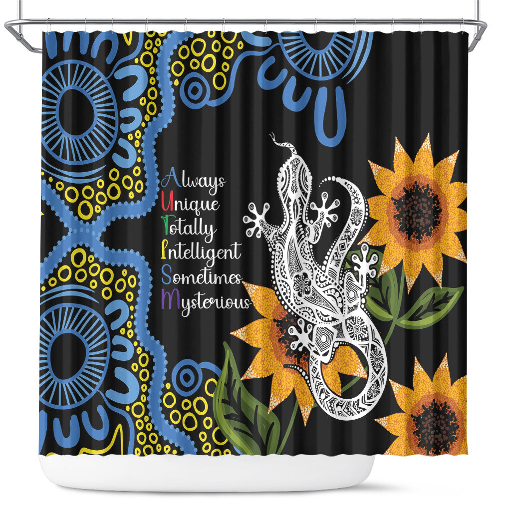 Australia Autism Support Shower Curtain Brave Strong Aussie Lizard Aboriginal Art