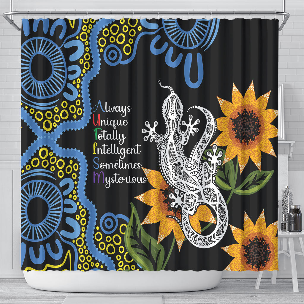 Australia Autism Support Shower Curtain Brave Strong Aussie Lizard Aboriginal Art