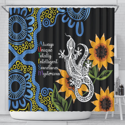 Australia Autism Support Shower Curtain Brave Strong Aussie Lizard Aboriginal Art