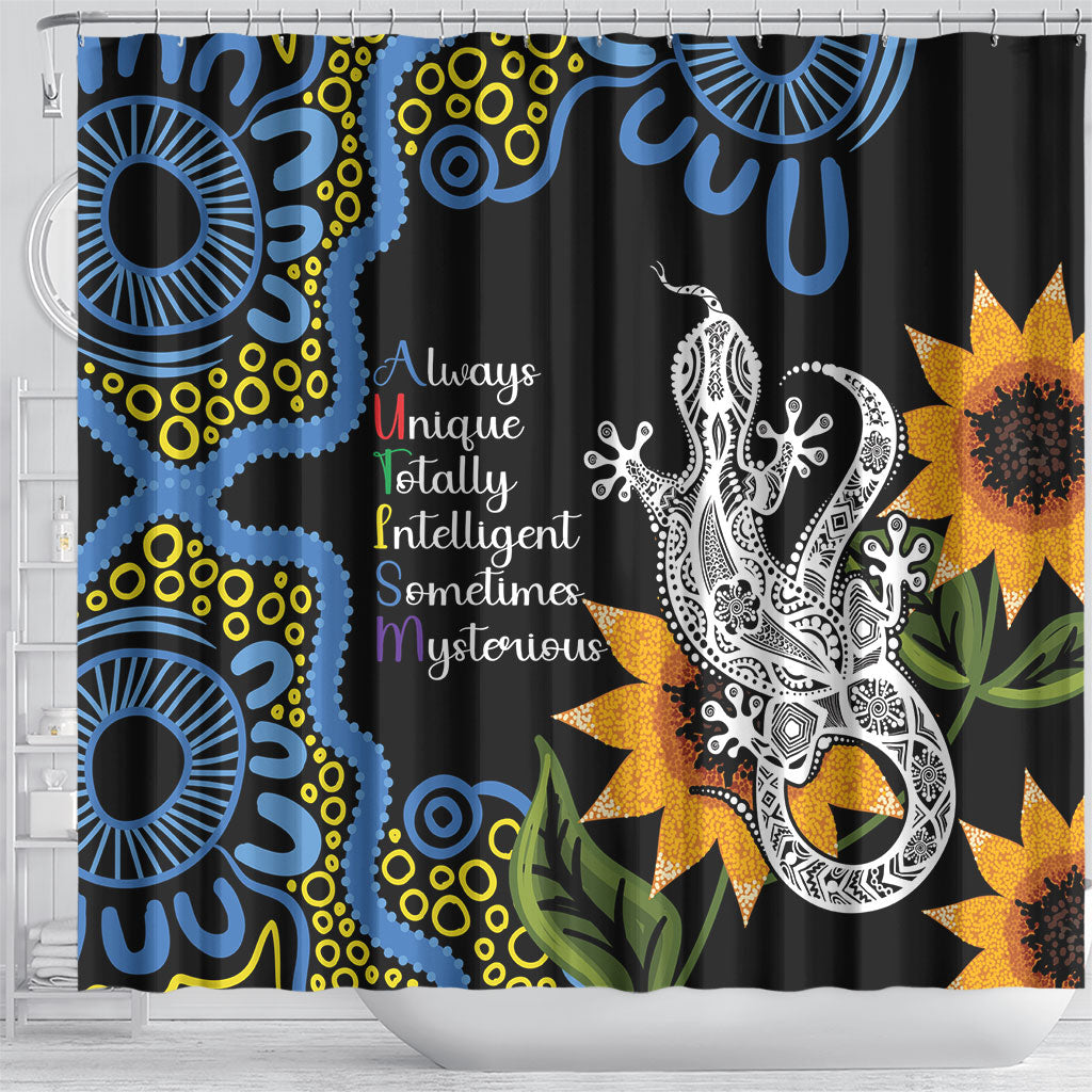 Australia Autism Support Shower Curtain Brave Strong Aussie Lizard Aboriginal Art