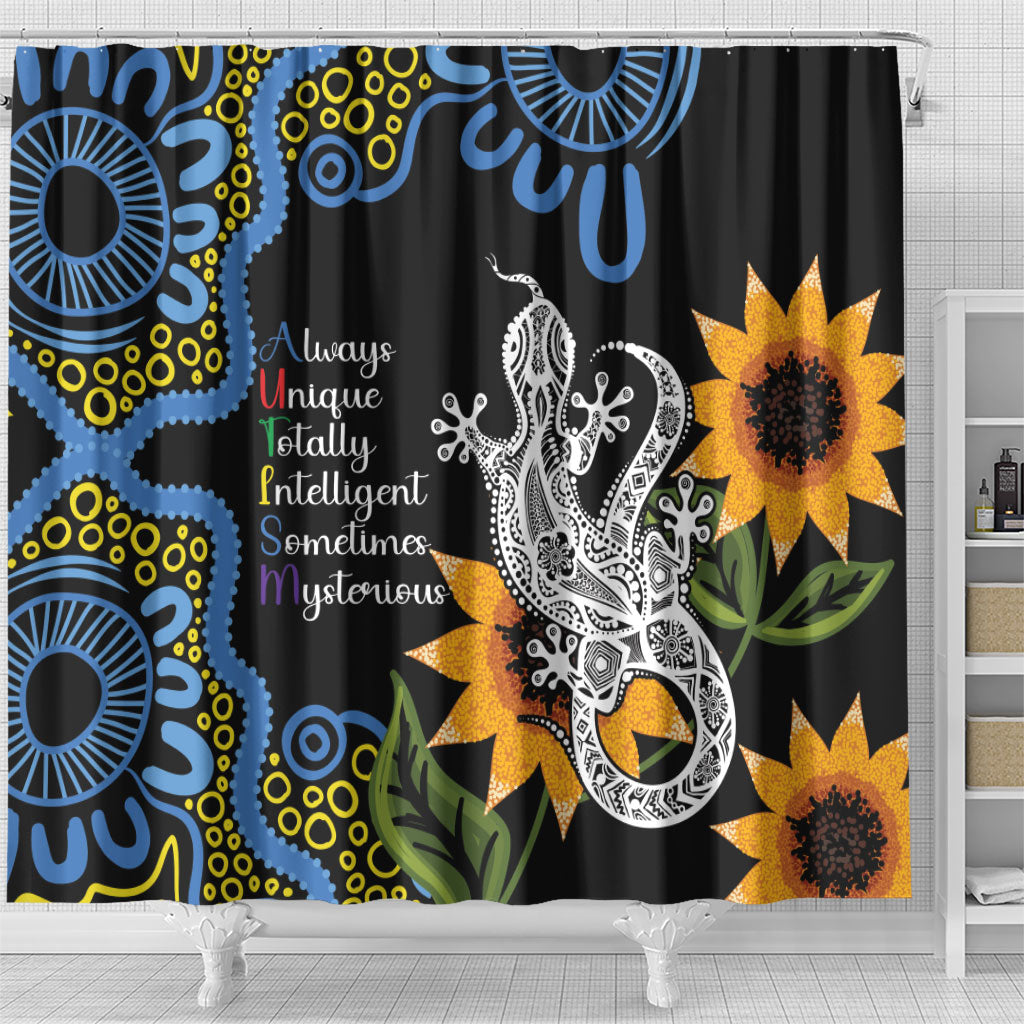 Australia Autism Support Shower Curtain Brave Strong Aussie Lizard Aboriginal Art