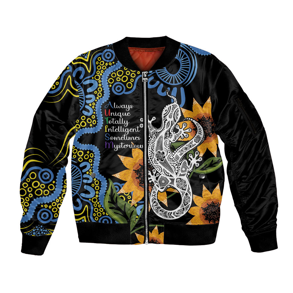 Australia Autism Support Sleeve Zip Bomber Jacket Brave Strong Aussie Lizard Aboriginal Art