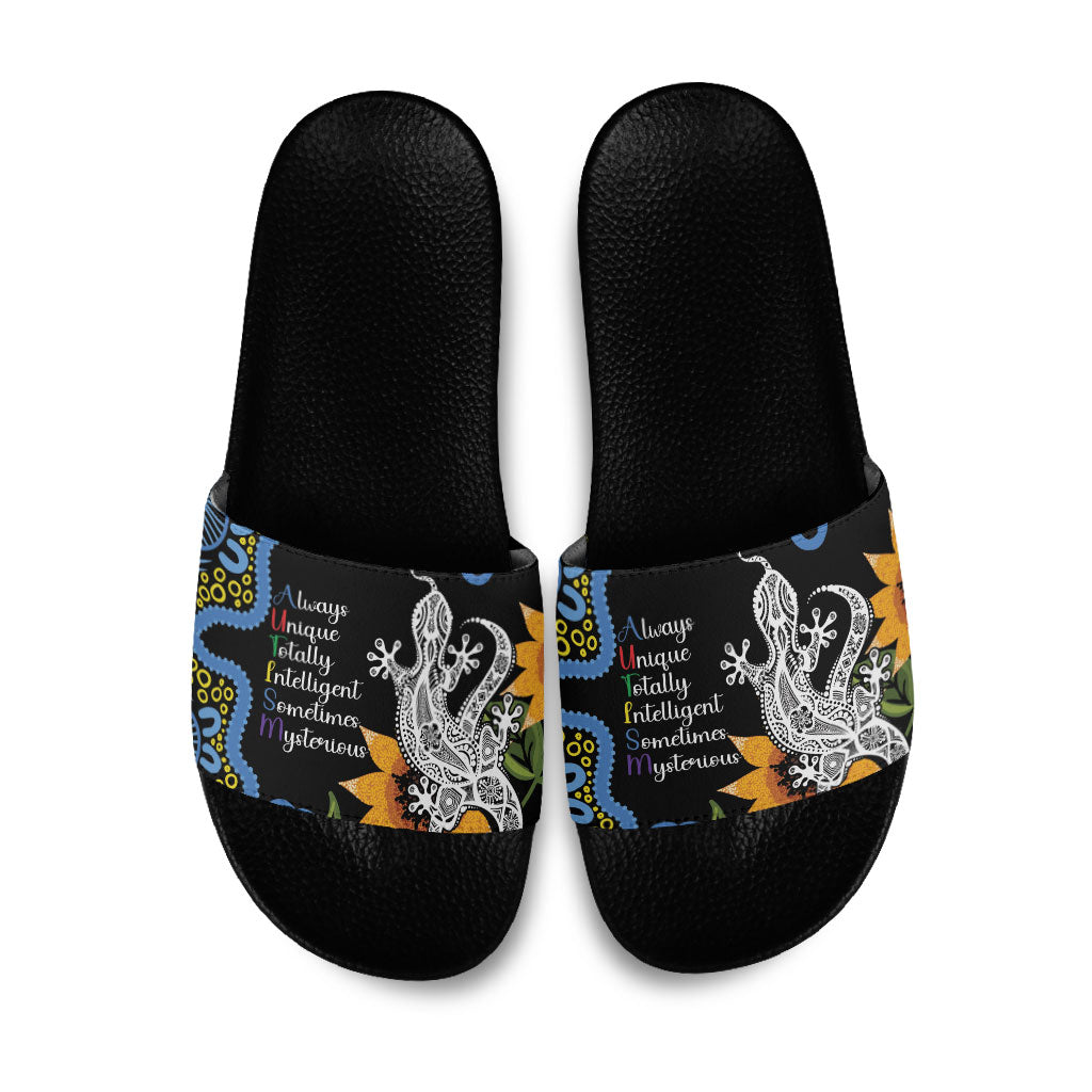 Australia Autism Support Slide Sandals Brave Strong Aussie Lizard Aboriginal Art