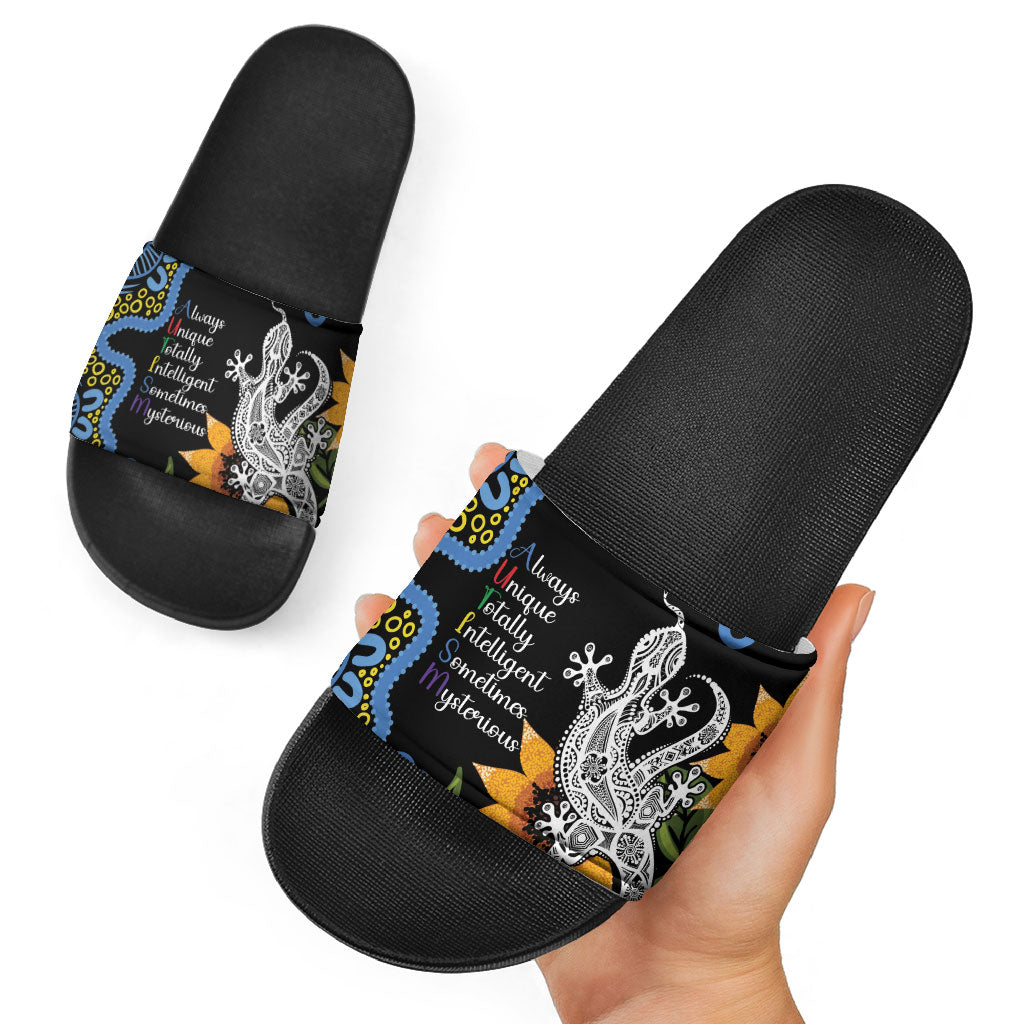 Australia Autism Support Slide Sandals Brave Strong Aussie Lizard Aboriginal Art