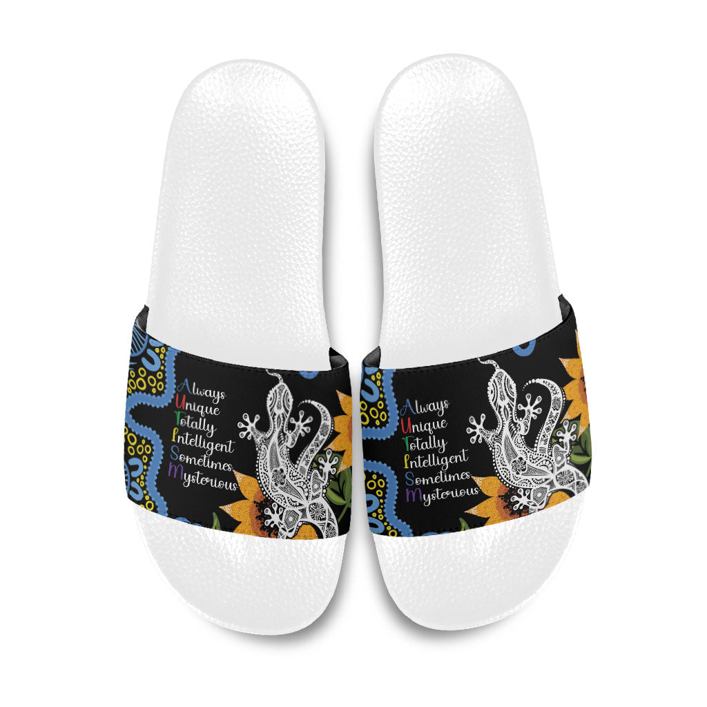 Australia Autism Support Slide Sandals Brave Strong Aussie Lizard Aboriginal Art