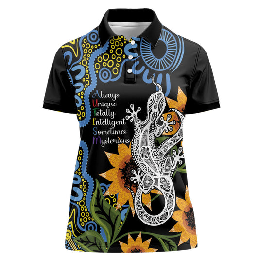 Australia Autism Support Women Polo Shirt Brave Strong Aussie Lizard Aboriginal Art
